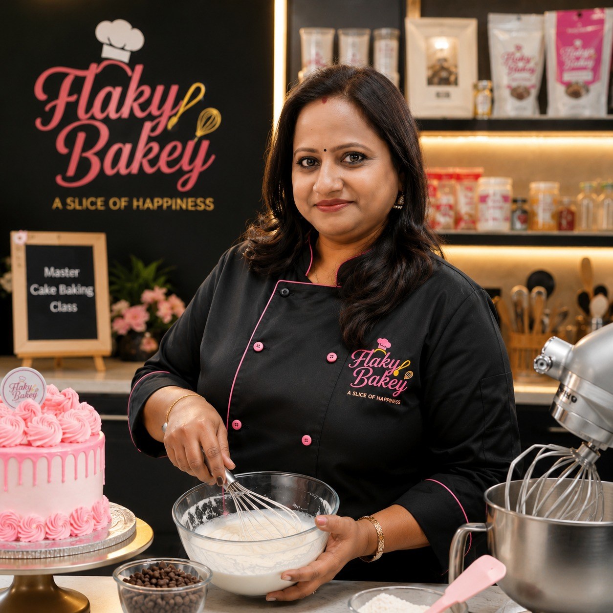 Ashima Ghosh, founder of Flaky Bakey, whisking cake batter in her Hatiara baking materials store and studio